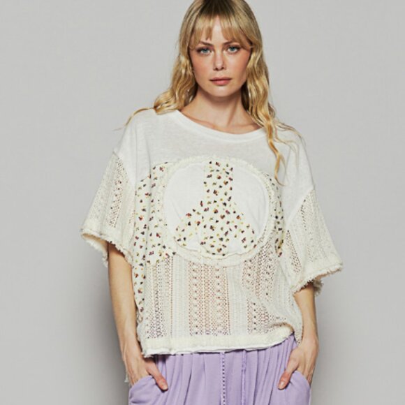 POL TOP PEACE PATCHWORK W/CROCHET IVORY MULTI - Picture 2 of 11